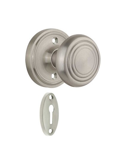 Classic Rosette Mortise Lock Set with Deco Style Knobs in Satin Nickel.
